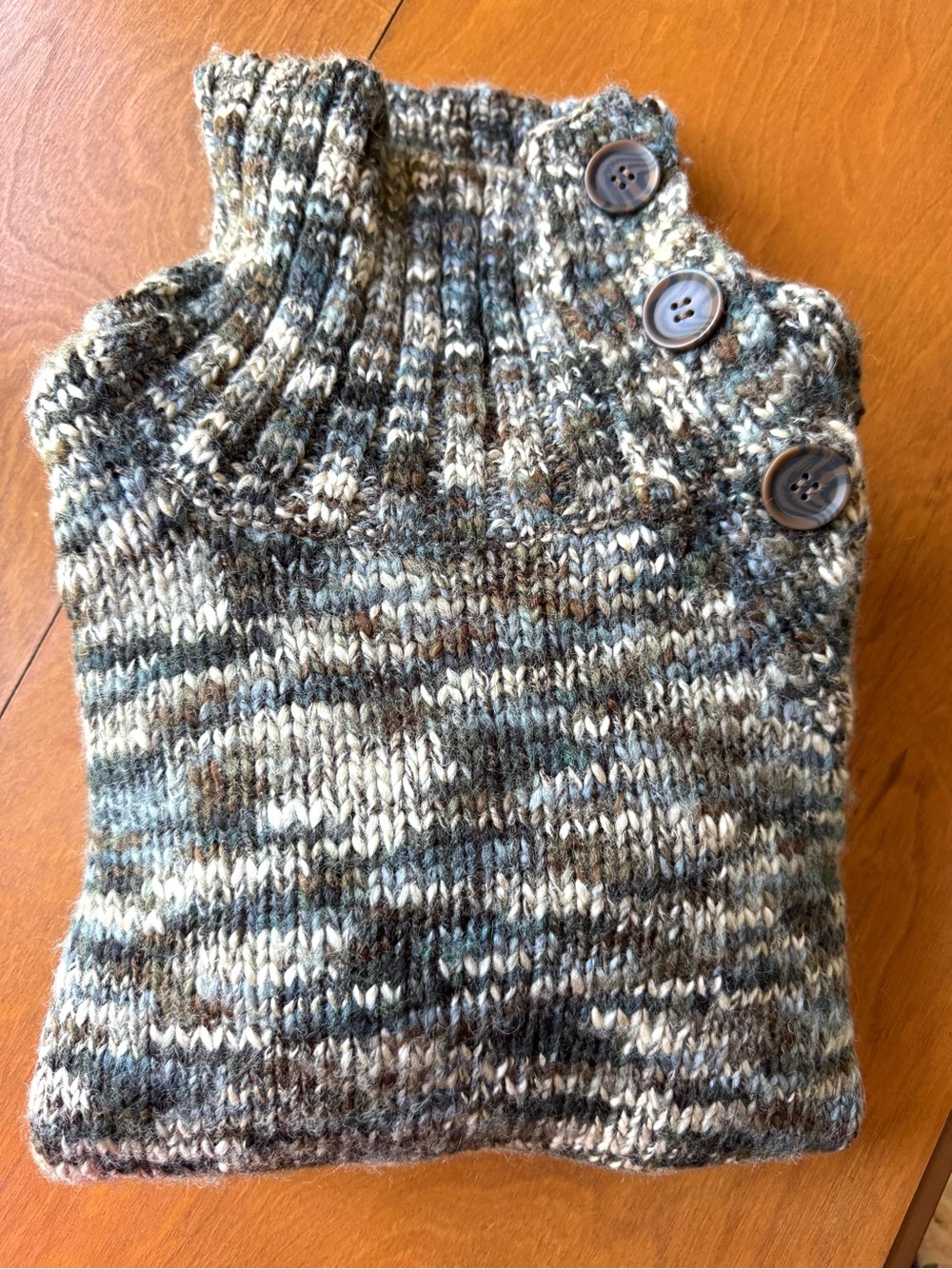 Access Chunky Marled Turtleneck Sweater with Button Detail - Green/Beige/Blue